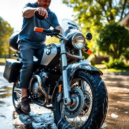 A detailed image of a cross country BMW cruise bike being washed by its owner