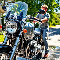 A detailed image of a cross country BMW cruise bike being washed by its owner