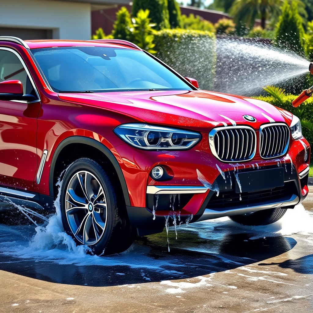 A vibrant scene featuring a red BMW cross country vehicle being washed