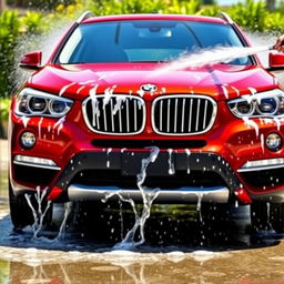 A vibrant scene featuring a red BMW cross country vehicle being washed