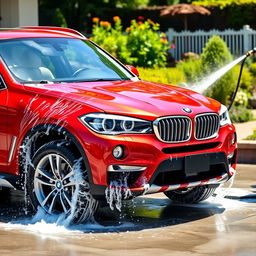 A vibrant scene featuring a red BMW cross country vehicle being washed