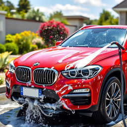 A vibrant scene featuring a red BMW cross country vehicle being washed
