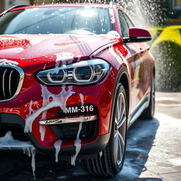 A striking scene featuring a red BMW cross country cruiser being washed