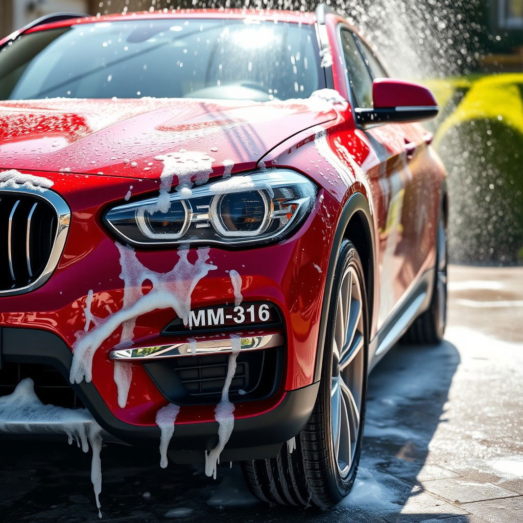 A striking scene featuring a red BMW cross country cruiser being washed