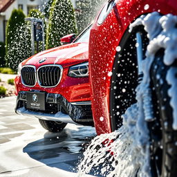A striking scene featuring a red BMW cross country cruiser being washed