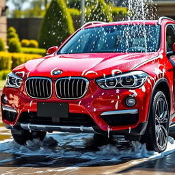 A striking scene featuring a red BMW cross country cruiser being washed