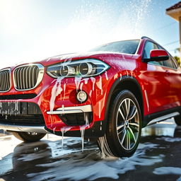 A striking scene featuring a red BMW cross country cruiser being washed