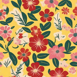 A cloth design featuring a pattern of numerous small red, white, and pink flowers against a bright yellow background.