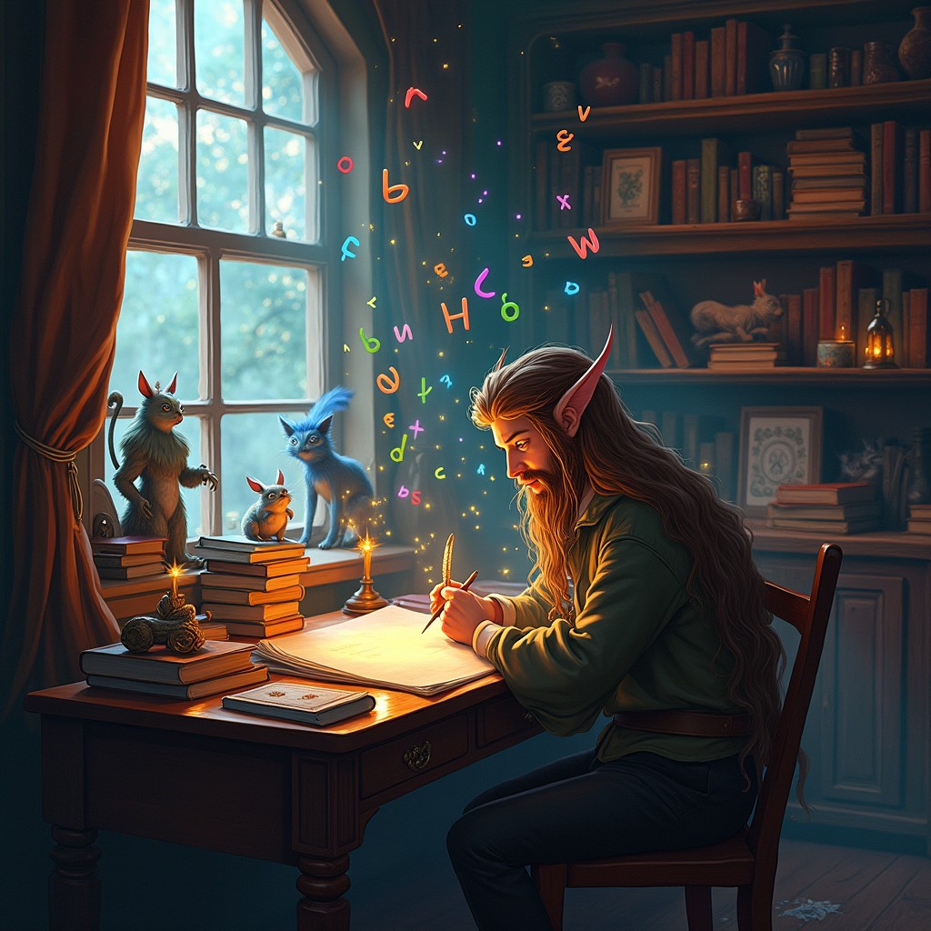 An enchanting scene depicting a whimsical writer at a wooden desk in a cozy, dimly-lit room filled with magical ambiance