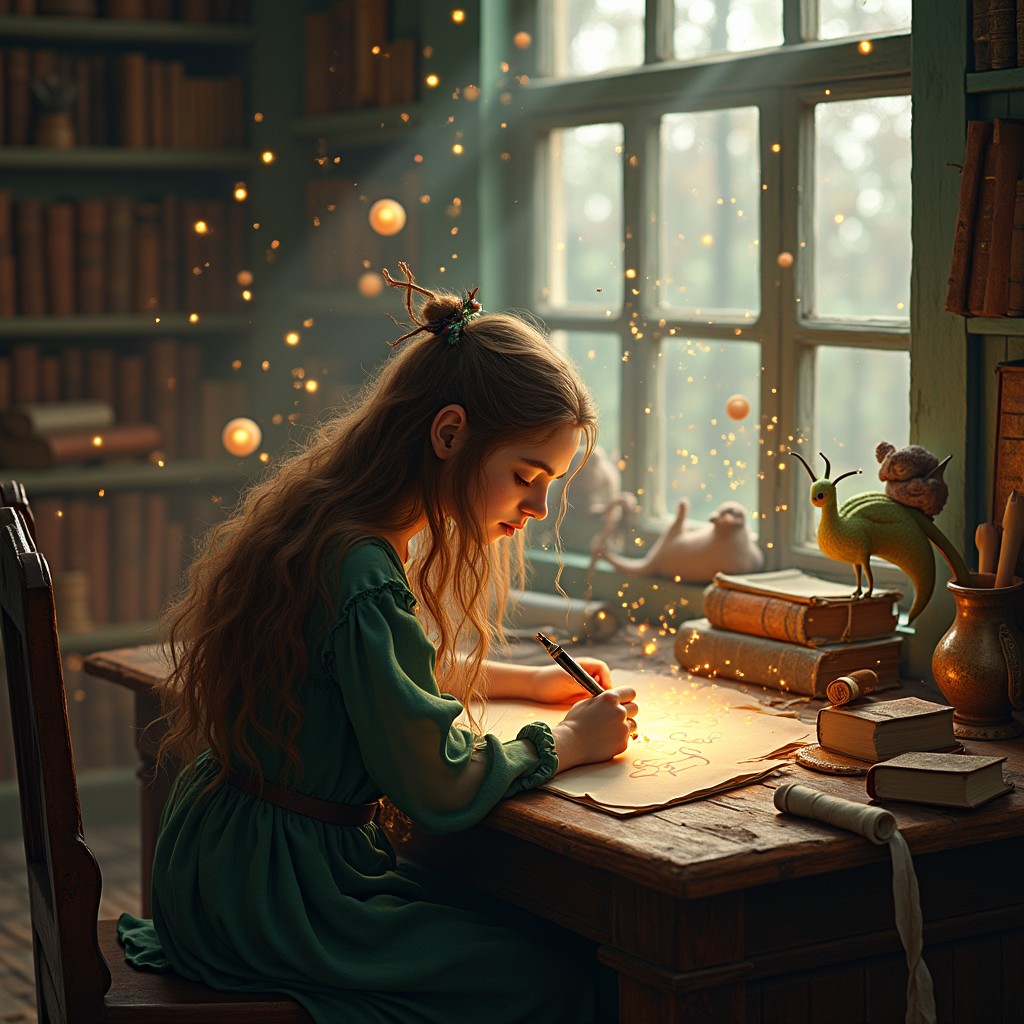 A captivating scene illustrating a mystical writer seated at a rustic wooden desk in a warmly lit, enchanting study