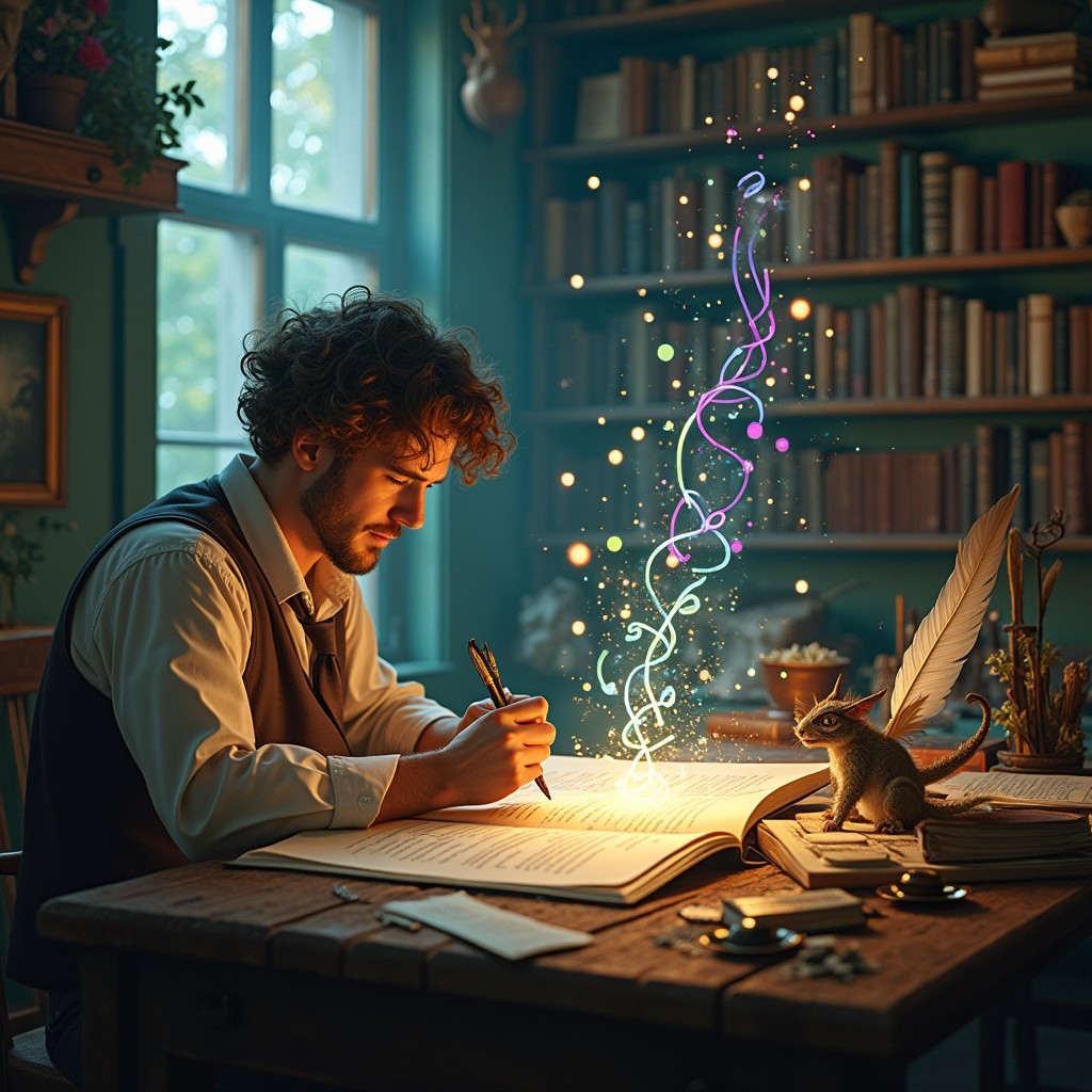 A whimsical scene of an imaginative adult writer immersed in an enchanting workspace, tracing magical letters that transform into colorful squiggles and sparkles