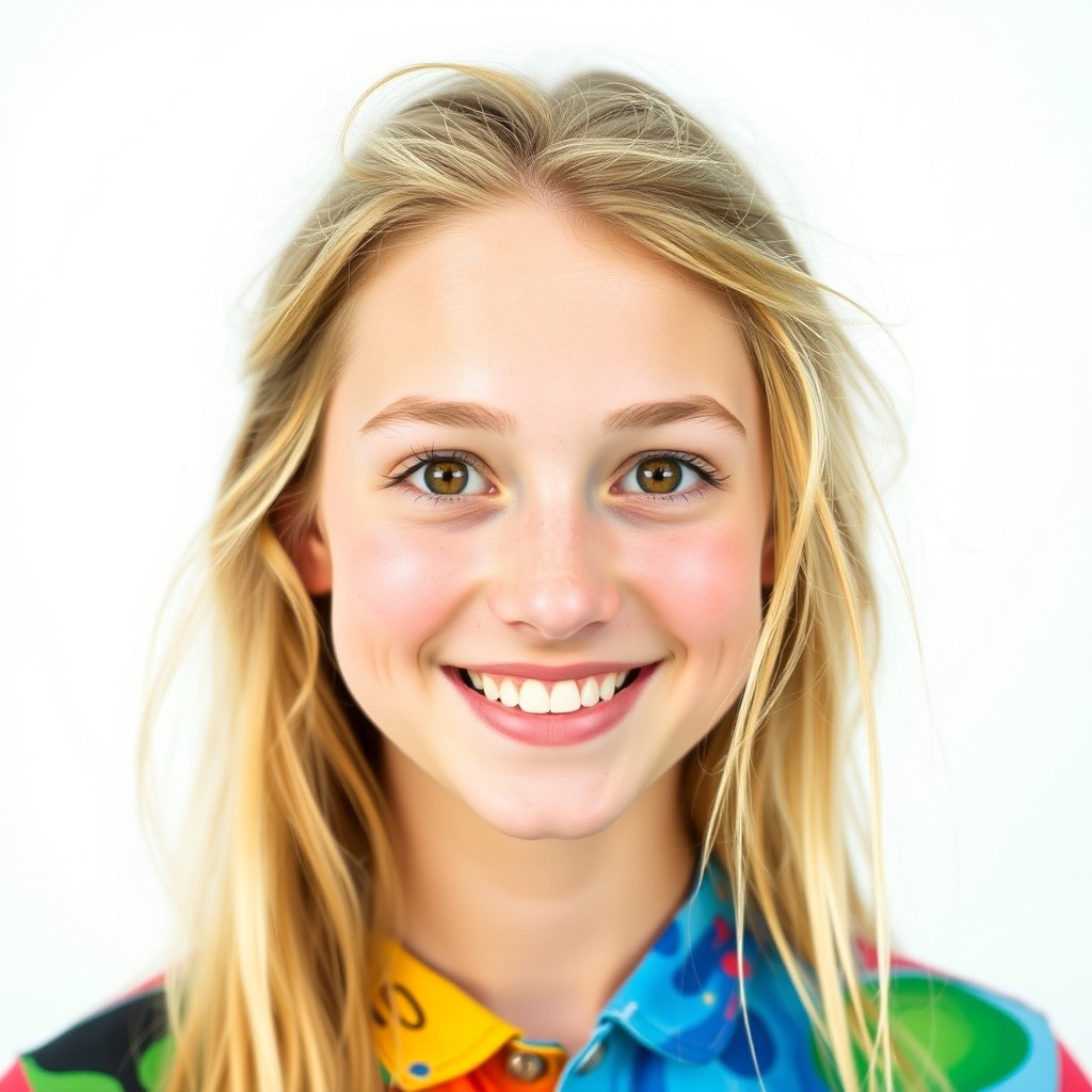 A vibrant headshot of an 18-year-old female with long, messy blonde hair and bright, happy dark brown eyes
