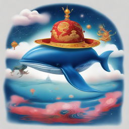 A majestic whale adorned with a Chinese dragon hat, set in a surrealistic and spiritual dream-like universe.