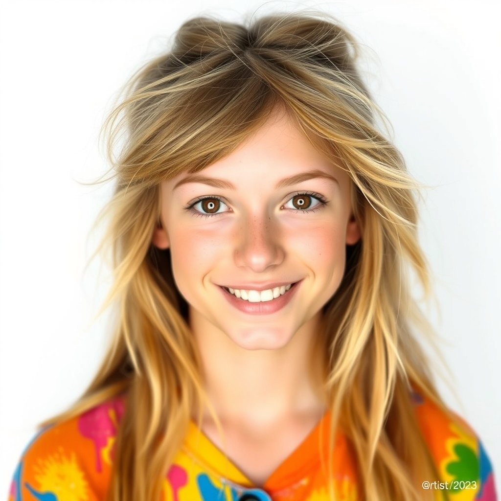 A vibrant headshot of an 18-year-old female with long, messy blonde hair and bright, happy dark brown eyes