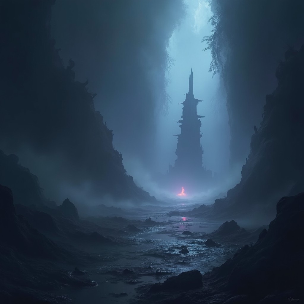 A surreal landscape representing 'The Void' as a vast, dark expanse, filled with swirling mist and ethereal lights