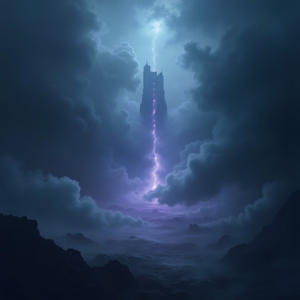 A surreal and mystical representation of 'The Void' as an expansive dark realm, infused with swirling clouds of mist in varying shades of deep blue and purple