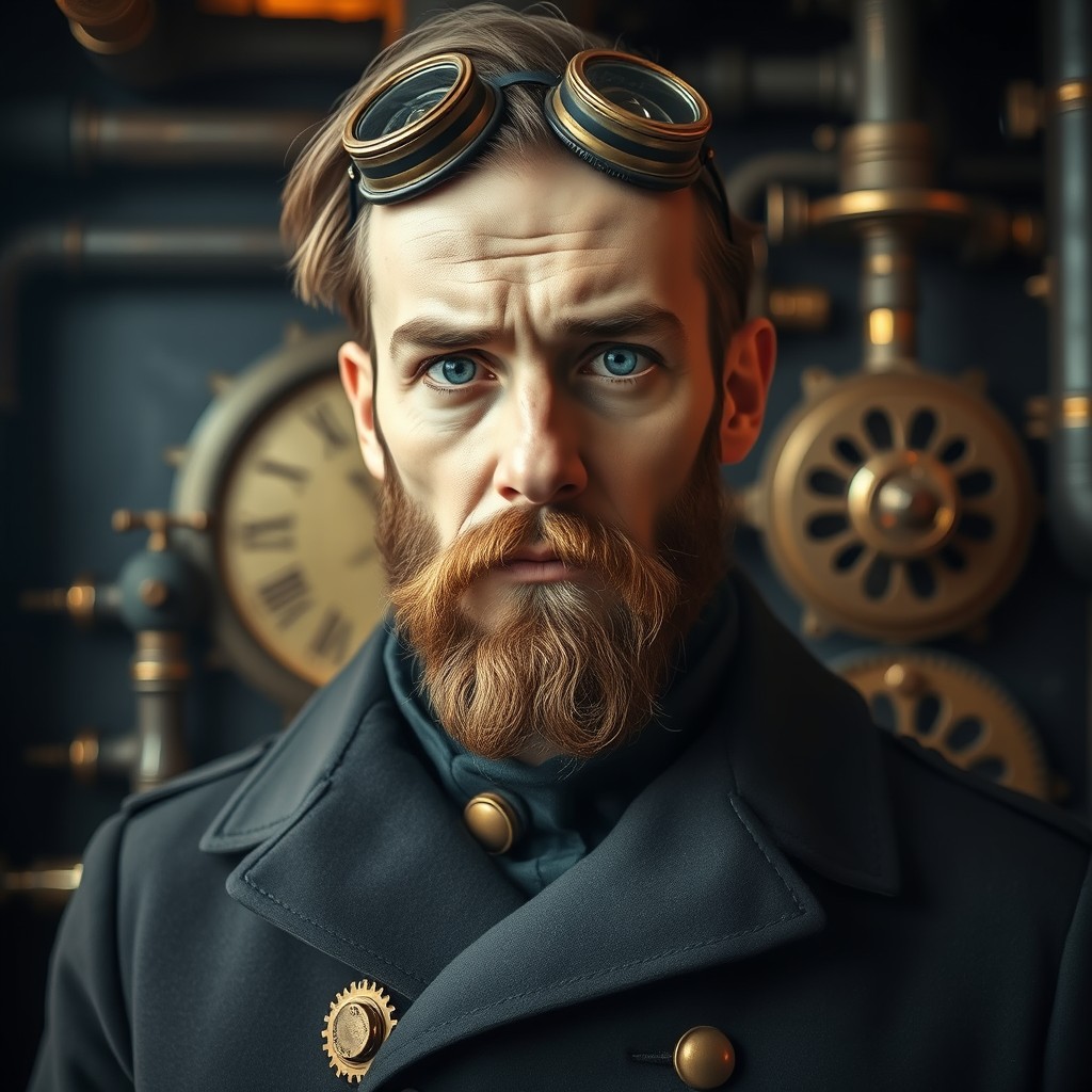 A striking steampunk portrait featuring a Victorian-era gentleman in a high-collared coat adorned with brass gears and cogs