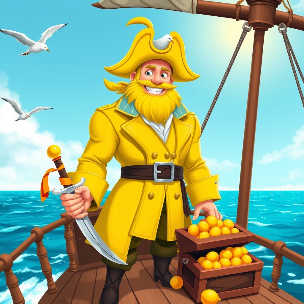A whimsical and playful character, the Lemon Captain, stands proudly on the deck of a pirate ship