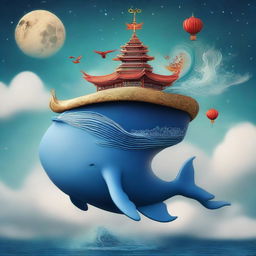 A majestic whale adorned with a Chinese dragon hat, set in a surrealistic and spiritual dream-like universe.