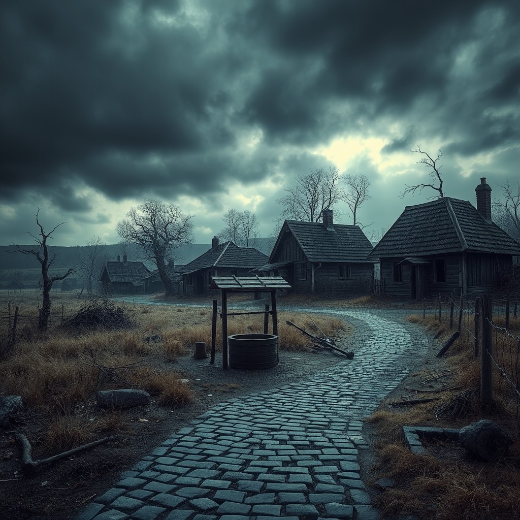 A haunting dystopian village landscape, showcasing dilapidated cottages with sagging roofs and boarded-up windows, set against a backdrop of dark, ominous skies filled with swirling, ash-gray clouds