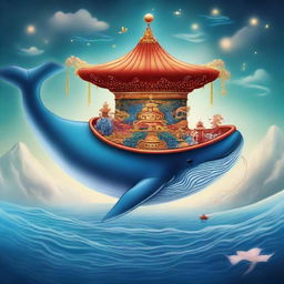 A majestic whale adorned with a Chinese dragon hat, set in a surrealistic and spiritual dream-like universe.