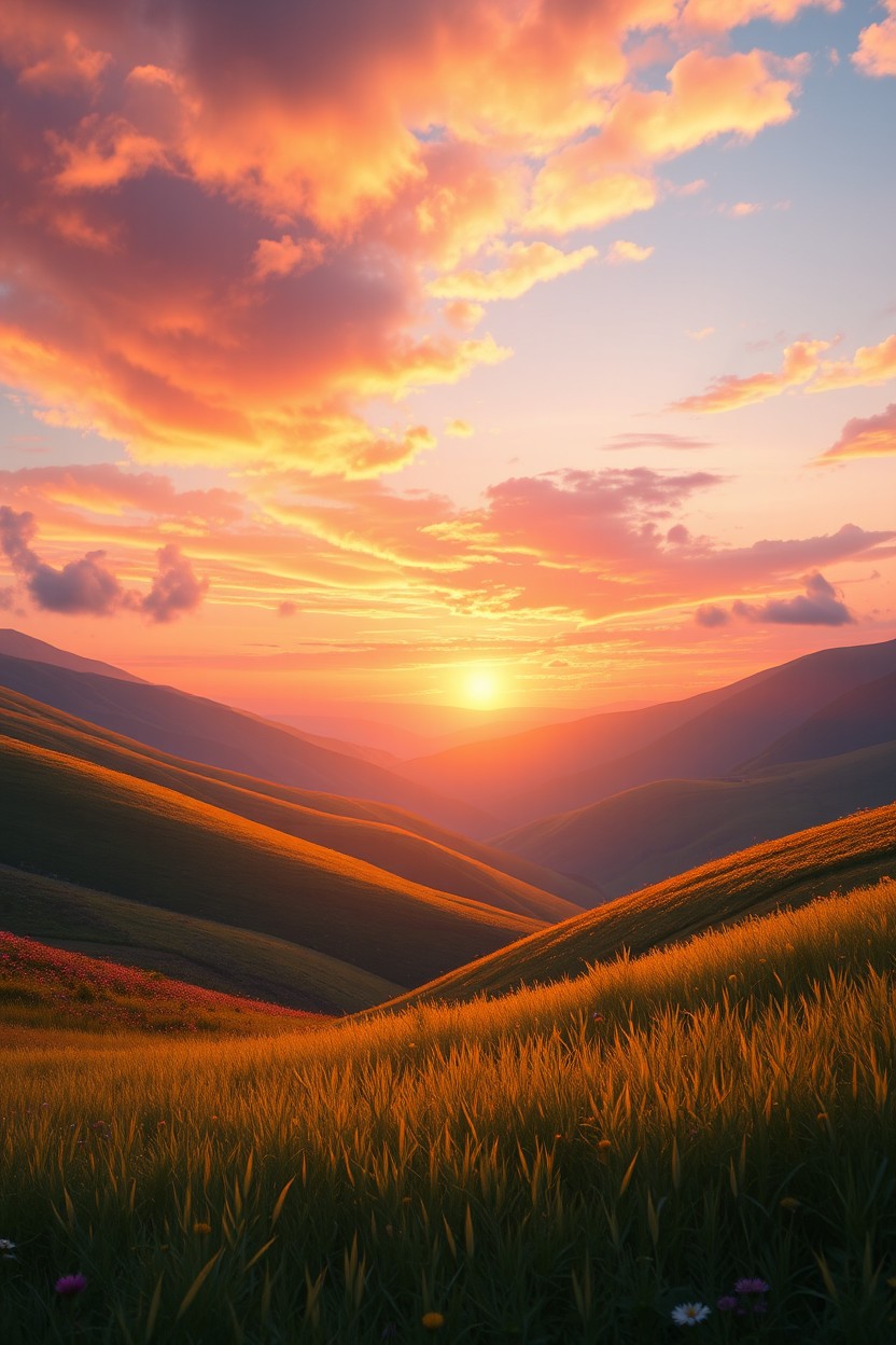 A stunning digital painting of a breathtaking sunrise between rolling hills, with vibrant hues of orange, pink, and purple filling the sky as the sun rises on the horizon