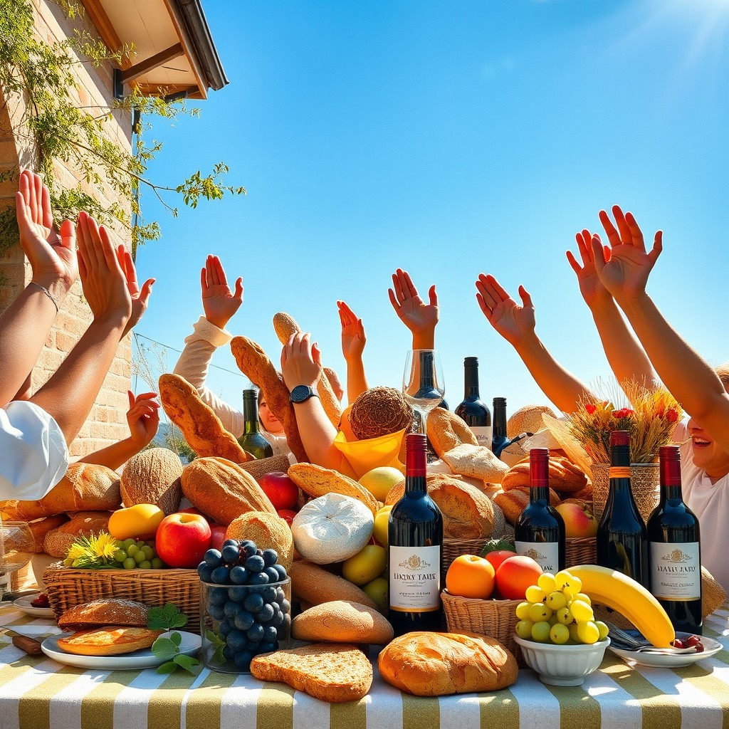A beautifully arranged table overflowing with a variety of bread, colorful fruits, and bottles of wine, set outdoors under a bright blue sky