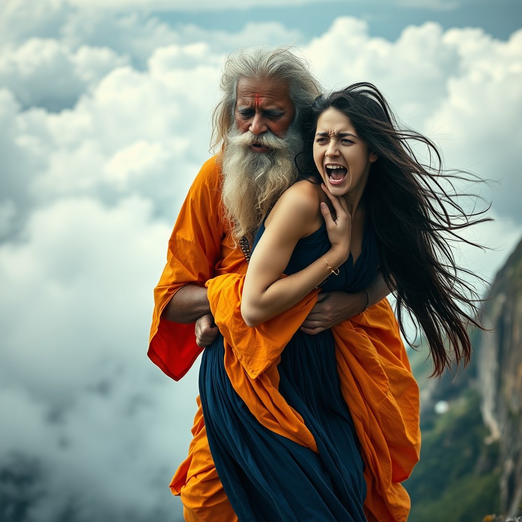 A dramatic cinematic scene on a high mountain cliff with misty clouds in the background