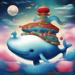 A majestic whale adorned with a Chinese dragon hat, set in a surrealistic and spiritual dream-like universe.