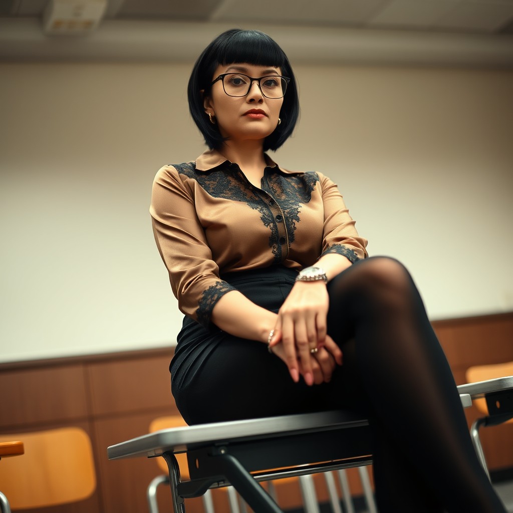 A 47-year-old woman with fair skin, smooth and wrinkle-free complexion, sporting a modern black short mullet hairstyle with blunt cut bangs