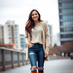 A cute Italian brunette woman happily smiling, wearing fashionable holes-in-jeans, a cozy cardigan sweater, and stylish boots