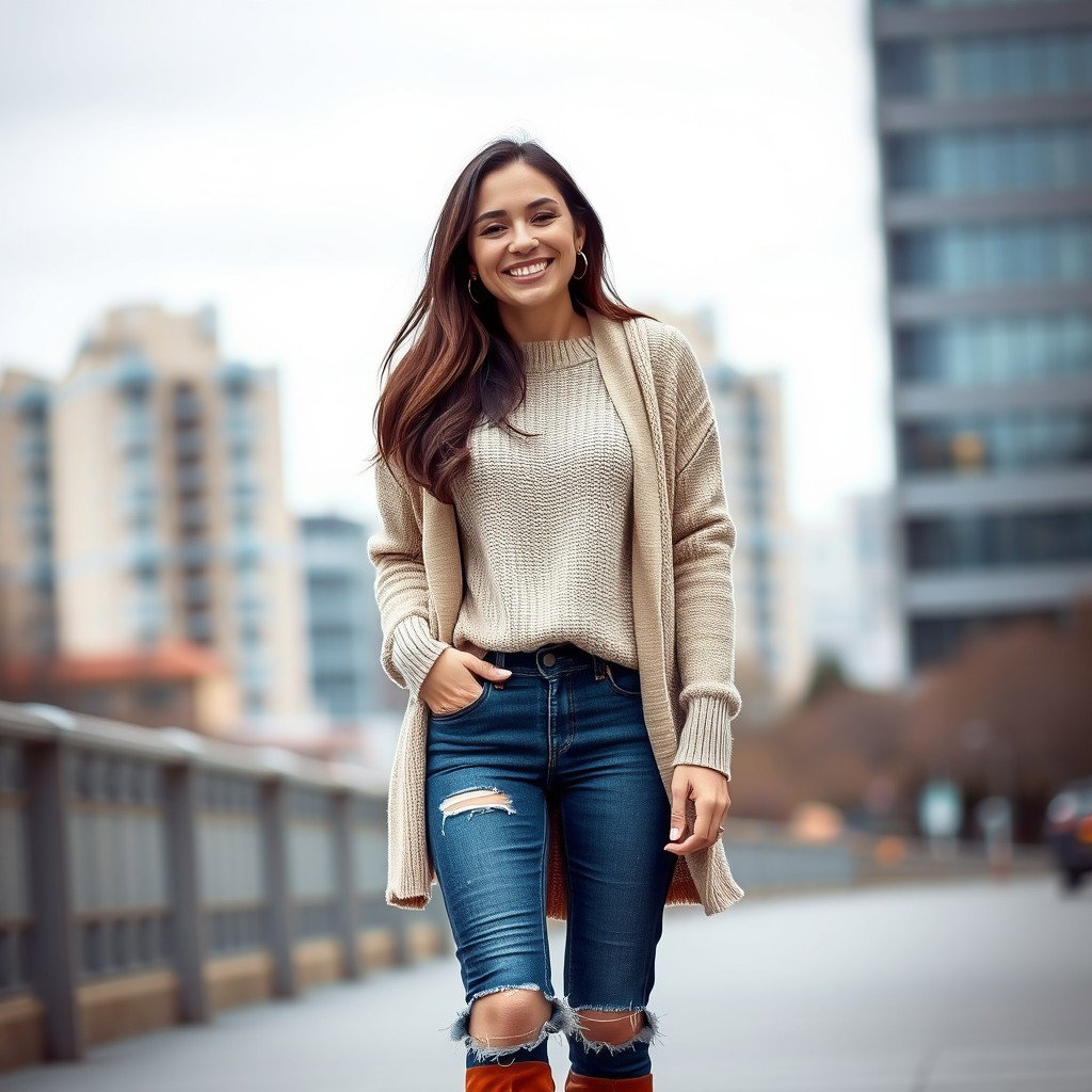 A cute Italian brunette woman happily smiling, wearing fashionable holes-in-jeans, a cozy cardigan sweater, and stylish boots