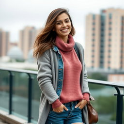 A cute Italian brunette woman happily smiling, wearing fashionable holes-in-jeans, a cozy cardigan sweater, and stylish boots