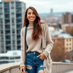 A cute Italian brunette woman happily smiling, wearing fashionable holes-in-jeans, a cozy cardigan sweater, and stylish boots