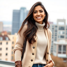 A cute Italian brunette woman happily smiling, wearing fashionable holes-in-jeans, a cozy cardigan sweater, and stylish boots