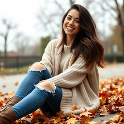 A cute Italian brunette woman cheerfully smiling, sitting with her legs crossed