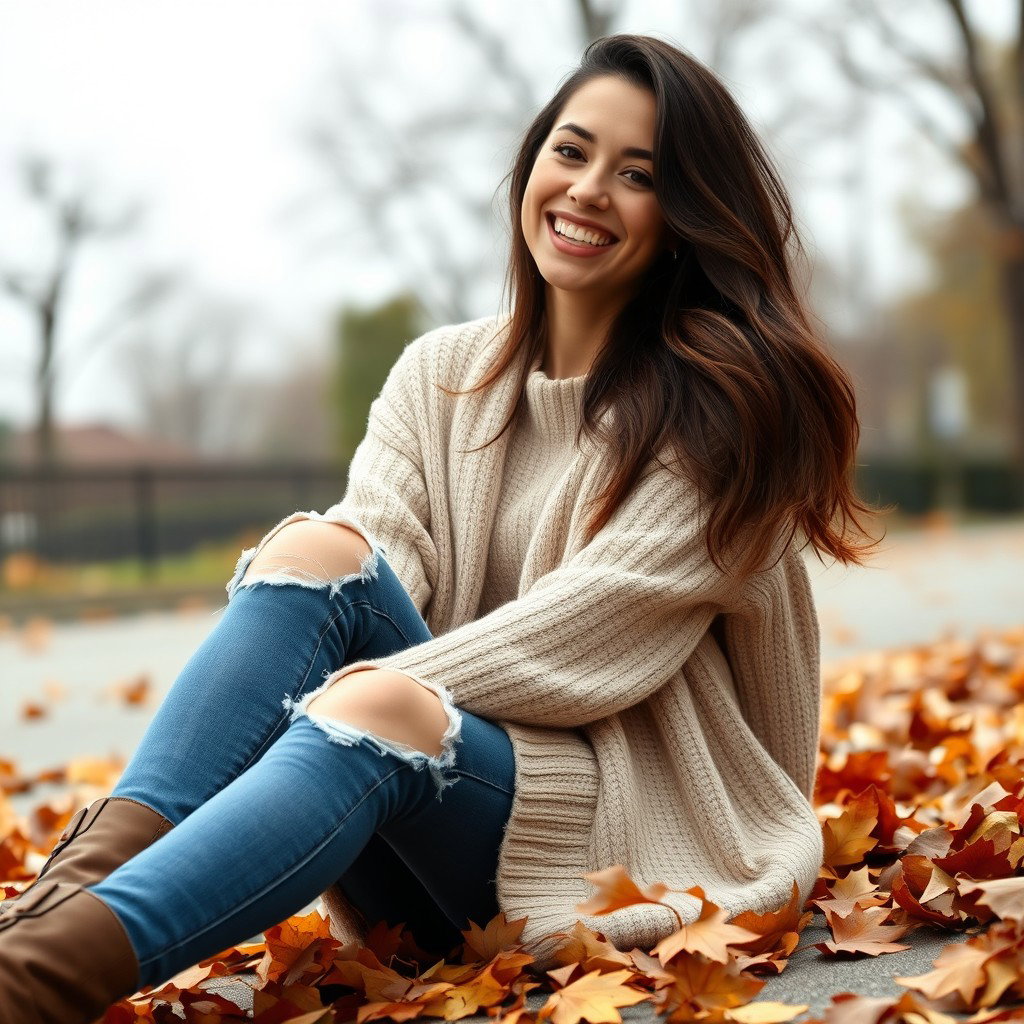 A cute Italian brunette woman cheerfully smiling, sitting with her legs crossed
