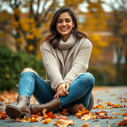 A cute Italian brunette woman cheerfully smiling, sitting with her legs crossed