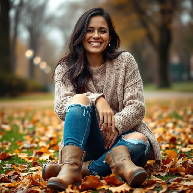 A cute Italian brunette woman cheerfully smiling, sitting with her legs crossed