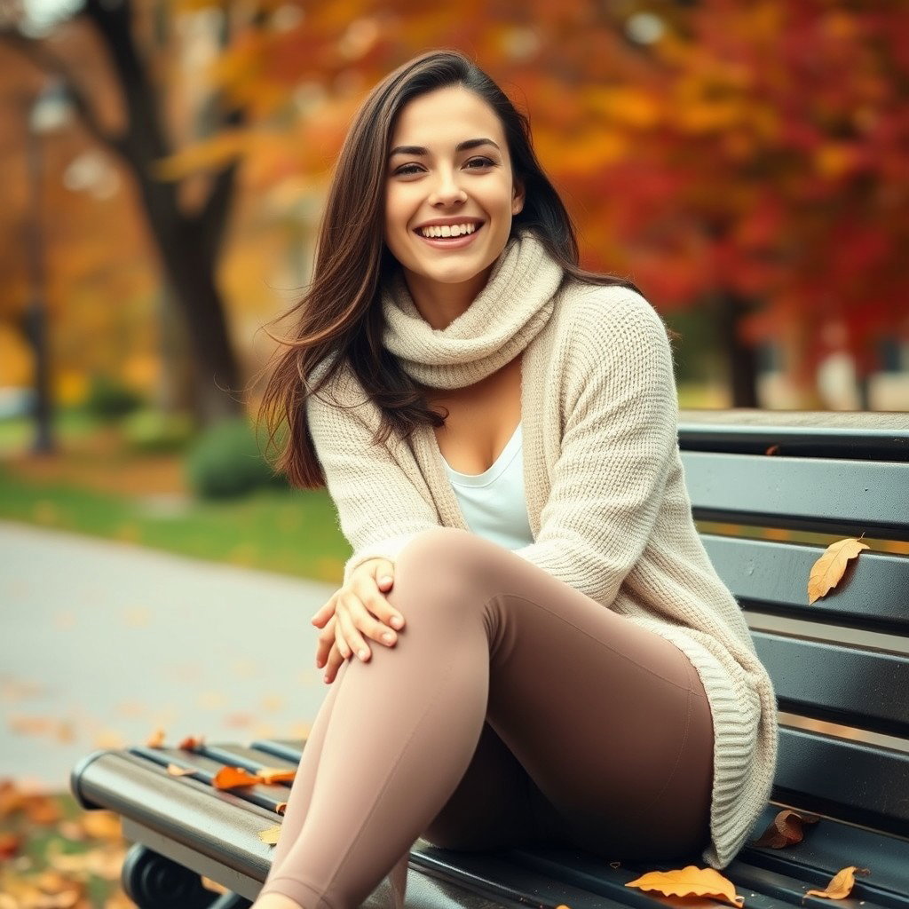 A cute Italian brunette woman joyfully smiling while sitting on a bench with her legs crossed