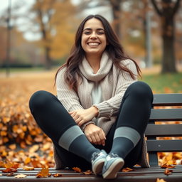 A cute Italian brunette woman joyfully smiling while sitting on a bench with her legs crossed