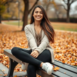 A cute Italian brunette woman joyfully smiling while sitting on a bench with her legs crossed