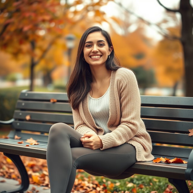A cute Italian brunette woman joyfully smiling while sitting on a bench with her legs crossed