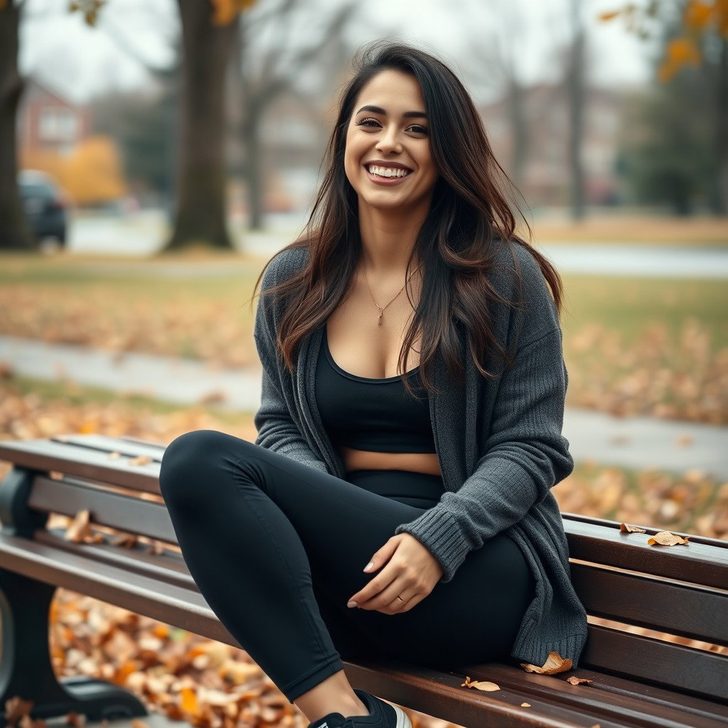 A cute Italian brunette woman joyfully smiling while sitting on a bench with her legs crossed