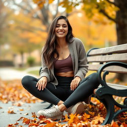 A cute Italian brunette woman joyfully smiling while sitting on a bench with her legs crossed