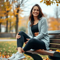 A cute Italian brunette woman joyfully smiling while sitting on a bench with her legs crossed