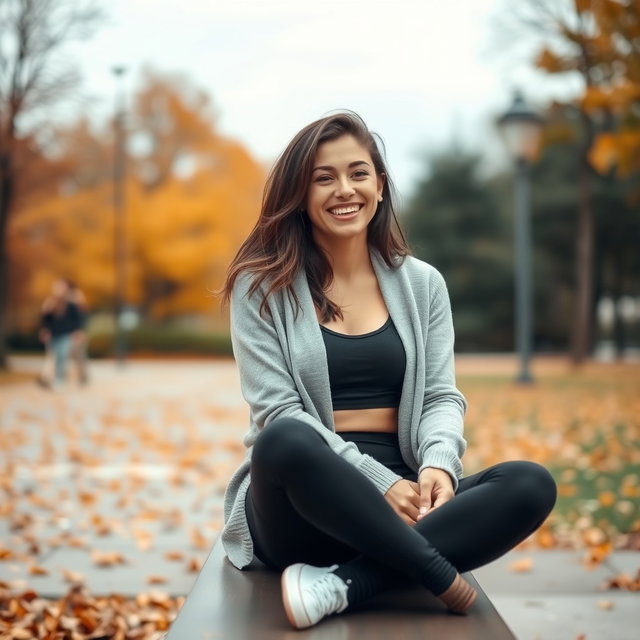 A cute Italian brunette woman joyfully smiling while sitting on a bench with her legs crossed
