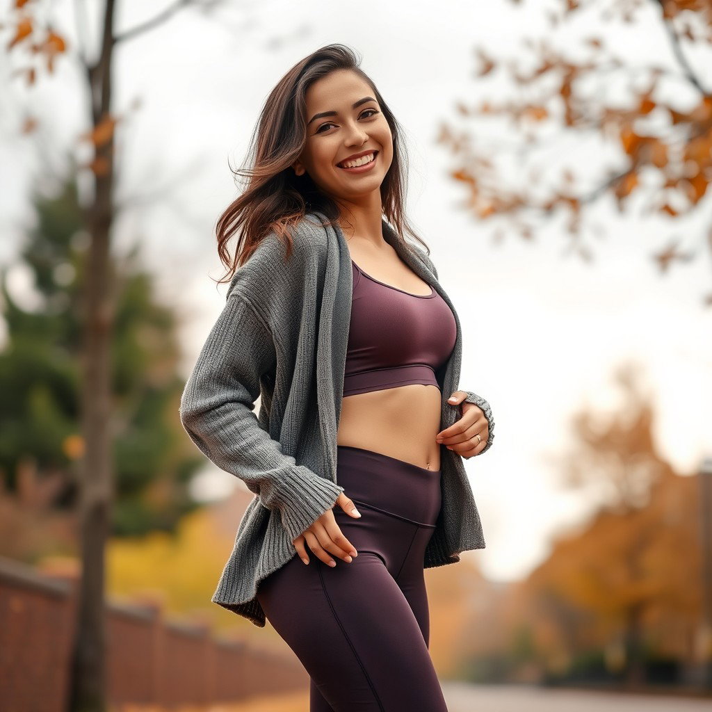 A cute Italian brunette woman joyfully smiling, showcasing her figure in stylish yoga leggings and a trendy crop top, layered with a cozy cardigan sweater