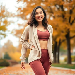 A cute Italian brunette woman joyfully smiling, showcasing her figure in stylish yoga leggings and a trendy crop top, layered with a cozy cardigan sweater