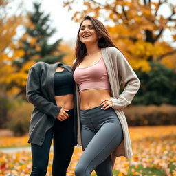 A cute Italian brunette woman joyfully smiling, showcasing her figure in stylish yoga leggings and a trendy crop top, layered with a cozy cardigan sweater
